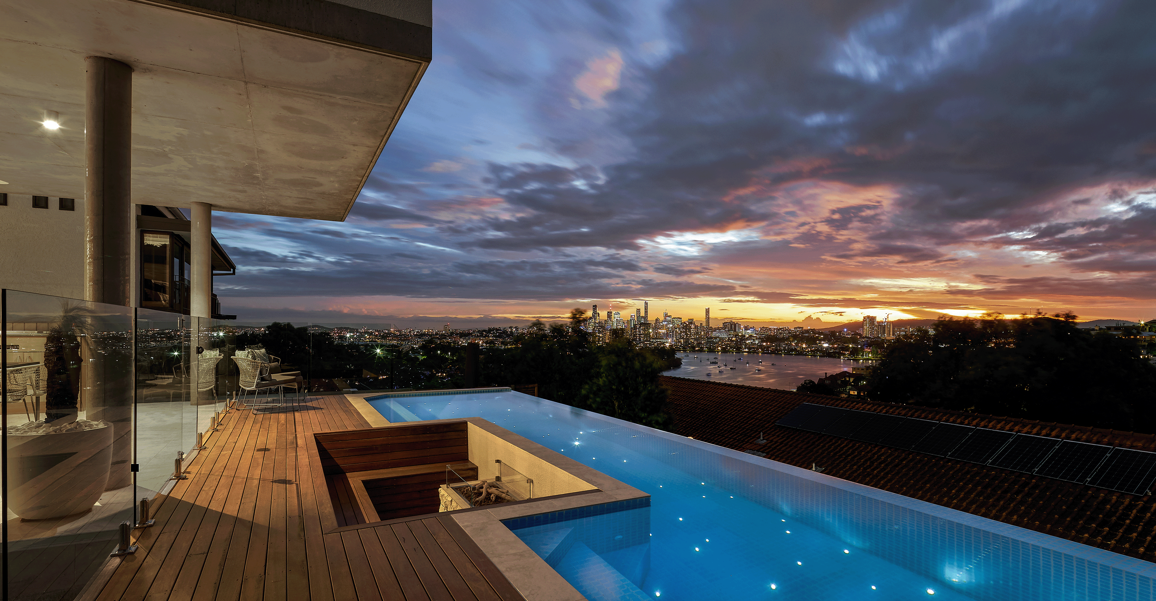 Fibre optic pool lighting with star points illuminating underwater pool floor at night