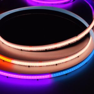 RGBW LED Strip lit showing rainbow gradient colours coiled